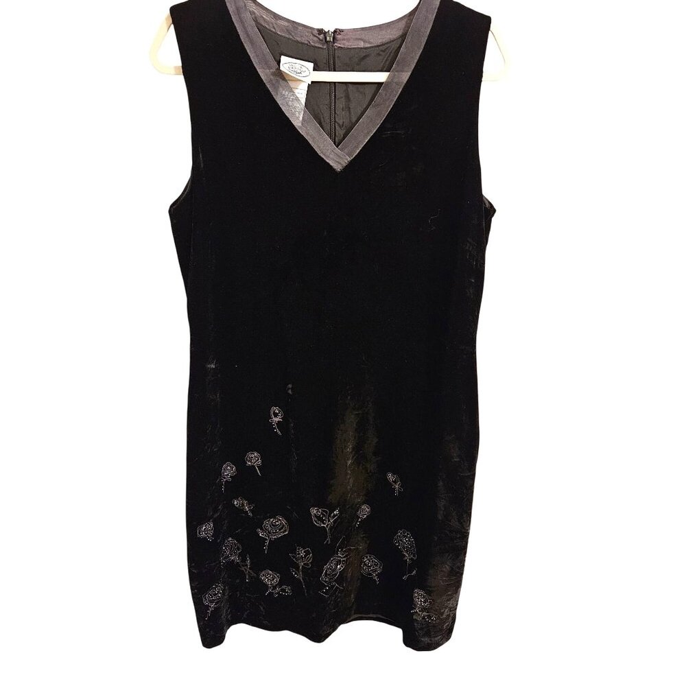 Laura Ashley Woman SZ 14 VTG Velvet Sleeveless Dress Embroidered V Neck Classic
